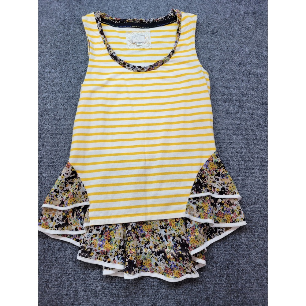 Anthropologie Postmark Yellow Striped Floral Tiered Ruffle Hem Tank Top Small